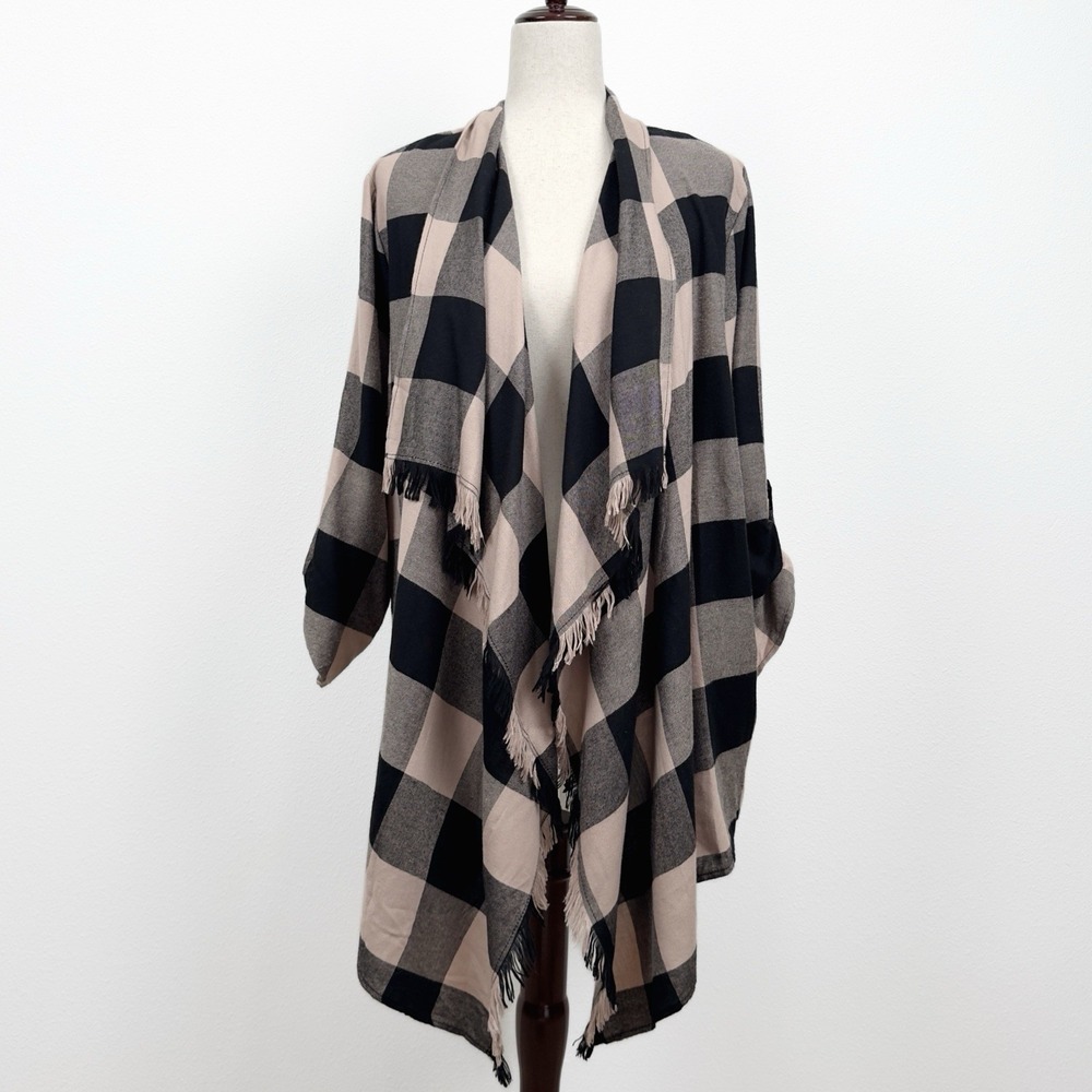 Maurices Top Womens 0X Black Beige Buffalo Check Open‎ Cardigan Fringe Boho Fall